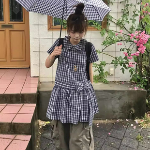 良良家学院风娃娃领撞色格子连衣裙女夏季新款复古系带蝴蝶结短裙