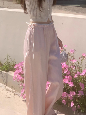 撞色拼接两侧蝴蝶结系带休闲长裤