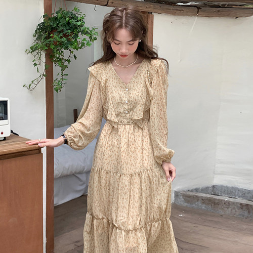 荷叶边高腰显瘦桔梗碎花连衣裙