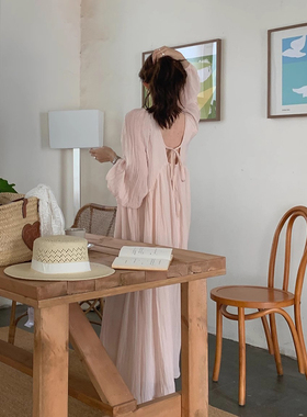 韩国chic春季法式温柔风圆领露背系带宽松褶皱泡泡袖仙女连衣裙女