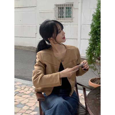 良良家韩系复古麂皮绒短外套女