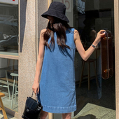 复古圆领宽松休闲纯色无袖 韩系chic夏季 法式 背心牛仔连衣裙短裙女
