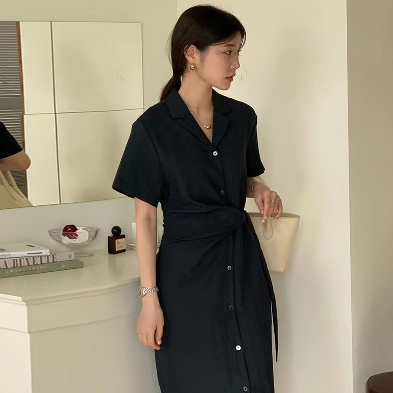 韓国chic夏のフレンチシックなスーツ襟サイドリボンウエストを収めたスリムな半袖シャツ風ワンピース女-1