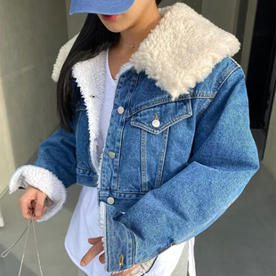 韩国chic秋冬小众气质羊羔毛翻领单排扣宽松百搭长袖 牛仔外套 短款