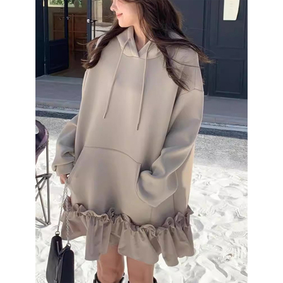 系带连帽花边拼接卫衣连衣裙短裙