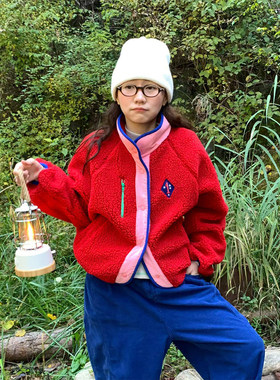 韩系拼色立领羊羔毛棉服外套女