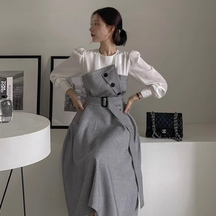 韩国chic秋季 复古气质圆领假两件拼接设计高腰显瘦格子连衣裙长裙