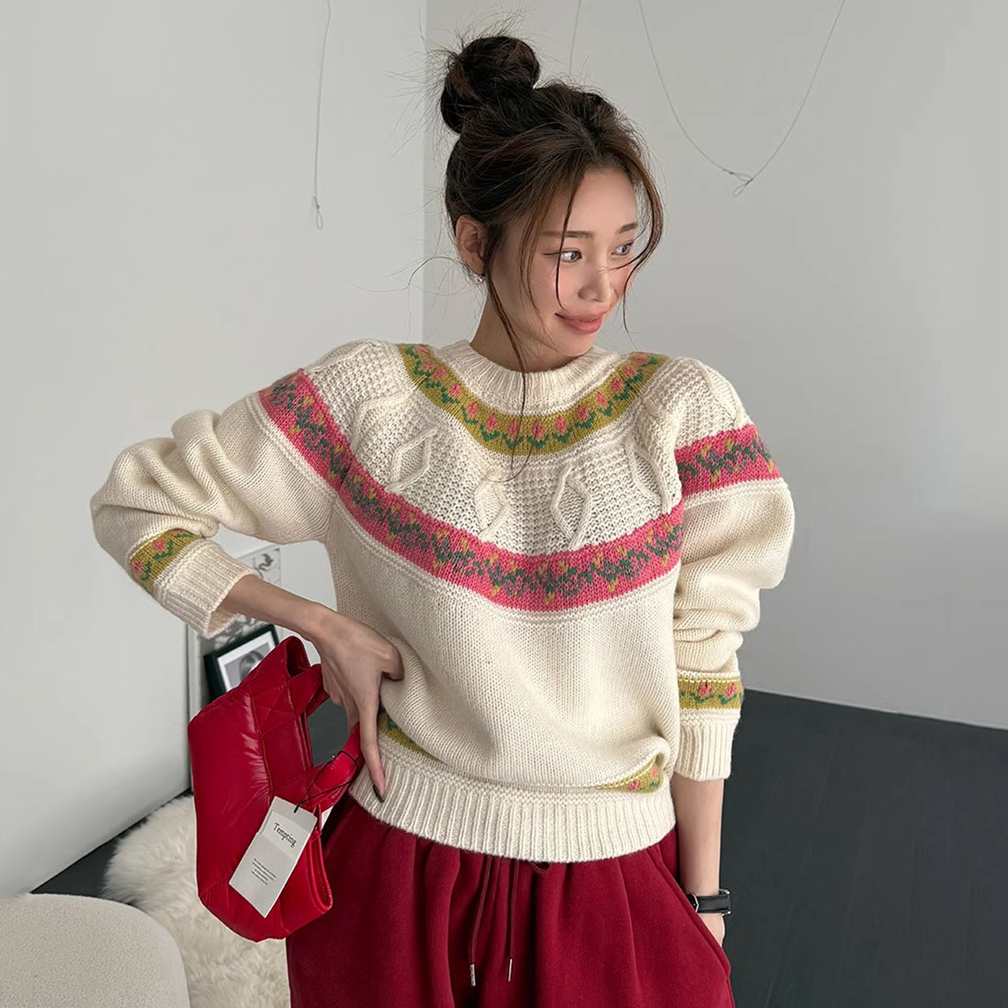 减龄气质撞色花纹提花针织衫毛衣