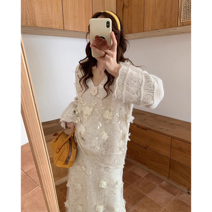 设计感立体蕾丝花朵针织毛衣女2025秋季 高腰直筒半身裙两件套 新款