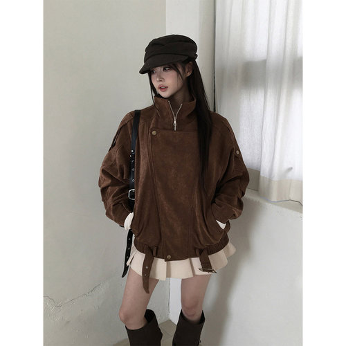 复古美拉德鹿皮绒机车外套女