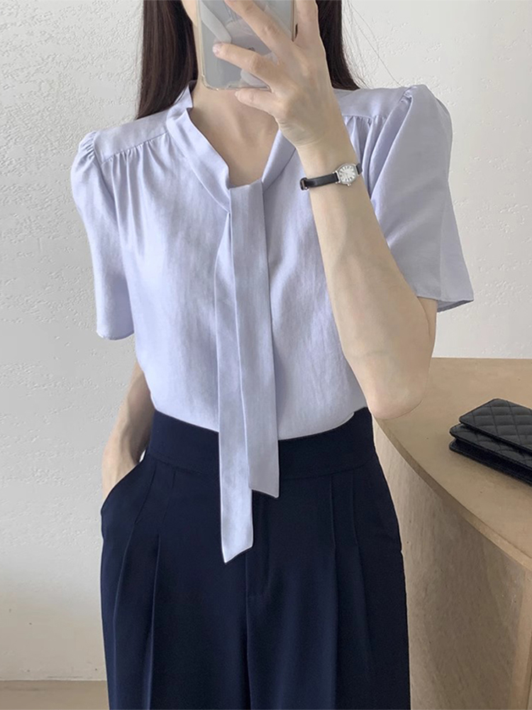 系带两面穿设计宽松百搭短袖衬衫