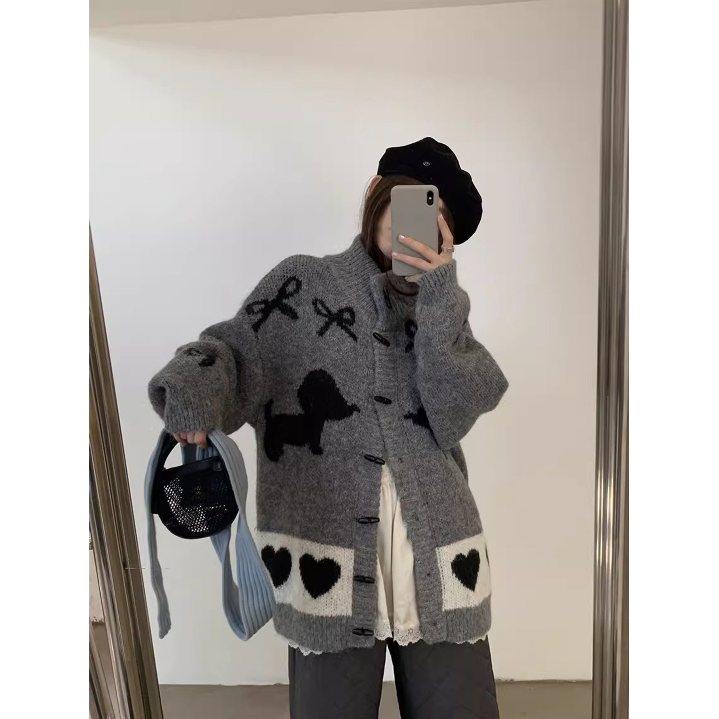 复古撞色小狗提花牛角扣高领毛衣女秋冬季慵懒中长款针织开衫外套,女装/女士精品,毛衣,淘宝优惠券,粉丝福利购,淘宝优惠卷