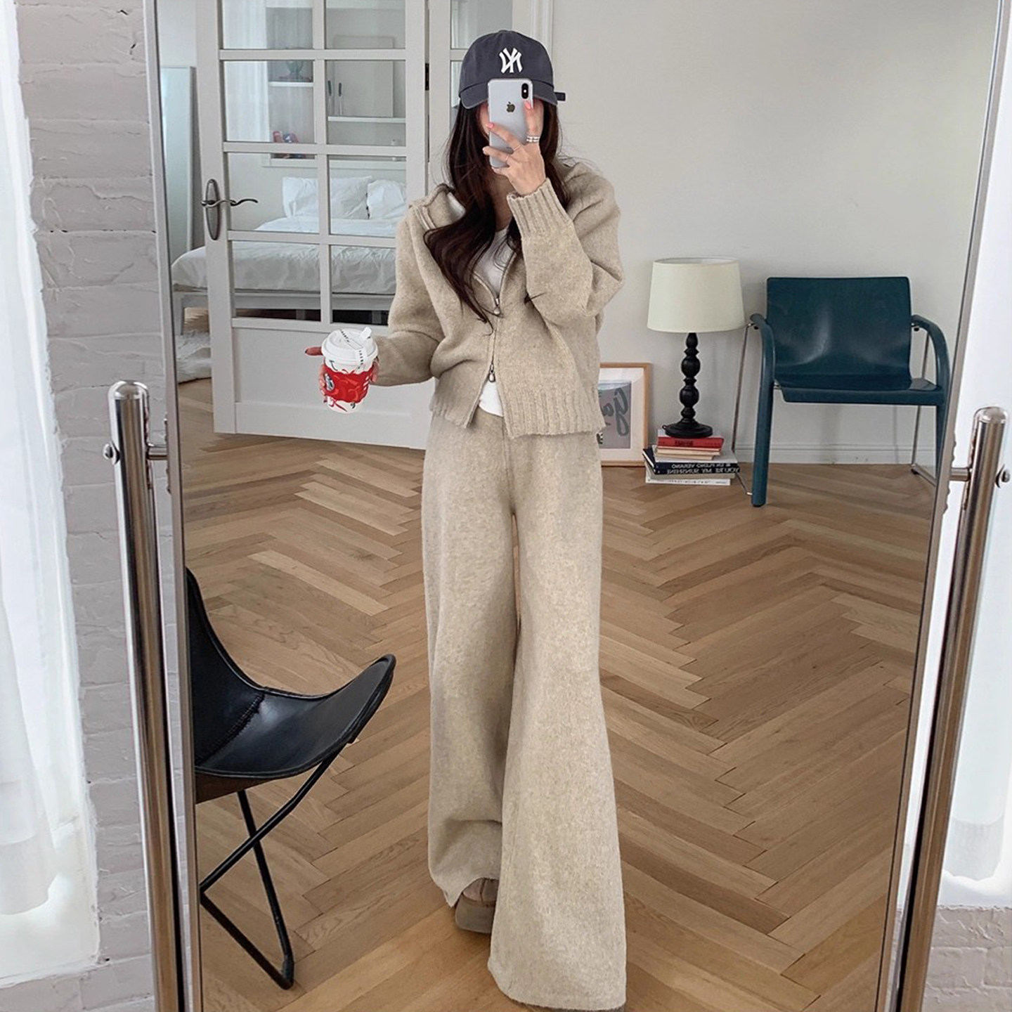 慵懒风软糯双拉链毛衣外套女2025冬季新款高腰针织休闲长裤两件套,女装/女士精品,时尚套装,淘宝优惠券,粉丝福利购,淘宝优惠卷