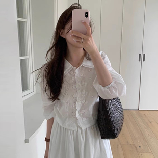 衬衫 韩国chic秋季 甜美风翻领刺绣镂空提花宽松百搭短款 法式 女 新款