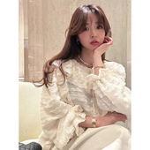 衬衫 韩国chic春季 甜美减龄圆领拼接木耳边层次感百搭蕾丝系带长袖