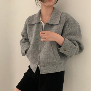 良良家高级感斜纹毛呢外套女2026秋冬新款设计感双开拉链短款上衣