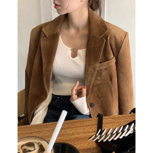 宽松休闲夹克上衣 新款 复古美拉德纯色仿鹿皮绒西装 外套女2025秋季