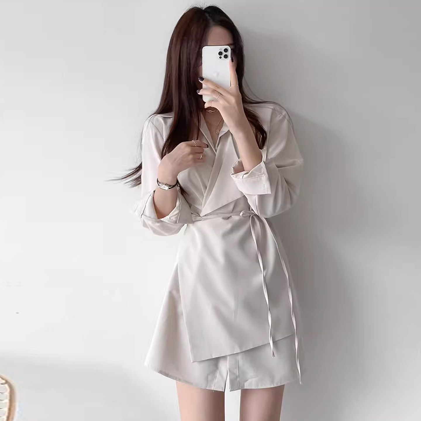 设计感绑带收腰不规则衬衣连衣裙女早春季新款宽松百搭中长裙子,女装/女士精品,连衣裙,淘宝优惠券,粉丝福利购,淘宝优惠卷