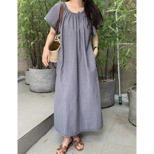 法式 新款 双口袋长裙子 连衣裙女夏季 良良家复古慵懒风褶皱条纹短袖