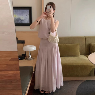 良良家 时尚套装肩部不规则纽结衬衫女夏季新款百褶半身裙两件套
