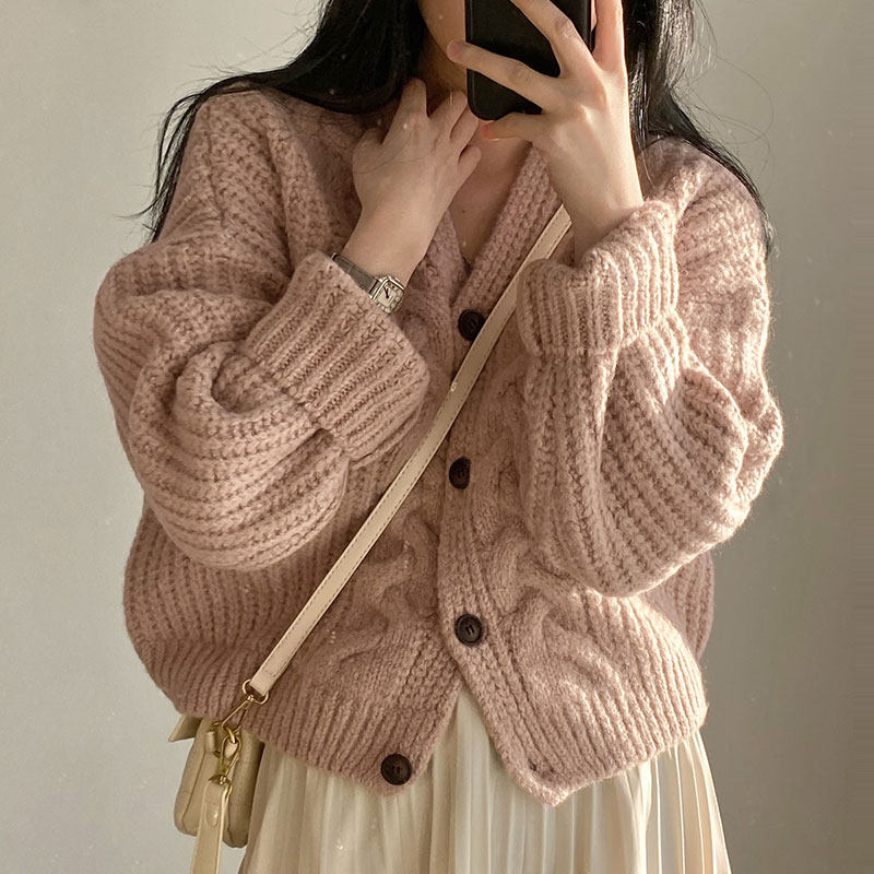 韩国chic秋季温柔百搭V领单排扣麻花纹设计宽松长袖针织开衫毛衣
