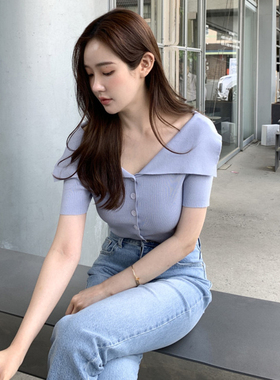 法式简约蓝色针织衫女夏季极简主义一字领大翻领修身显瘦减龄上衣