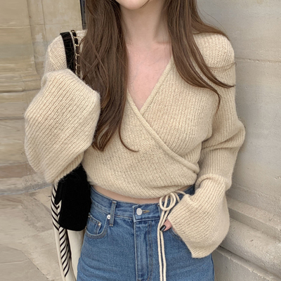 chicV领系带收腰长袖针织毛衣女
