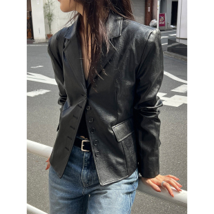 良良家自制高级感黑色PU皮衣西装外套女秋季新款宽松气质西服上衣