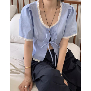 新款 短款 甜美减龄方领花边格纹系带开衫 衬衫 上衣女 短袖 良良家夏季