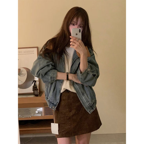 美式复古撞色翻领牛仔外套女