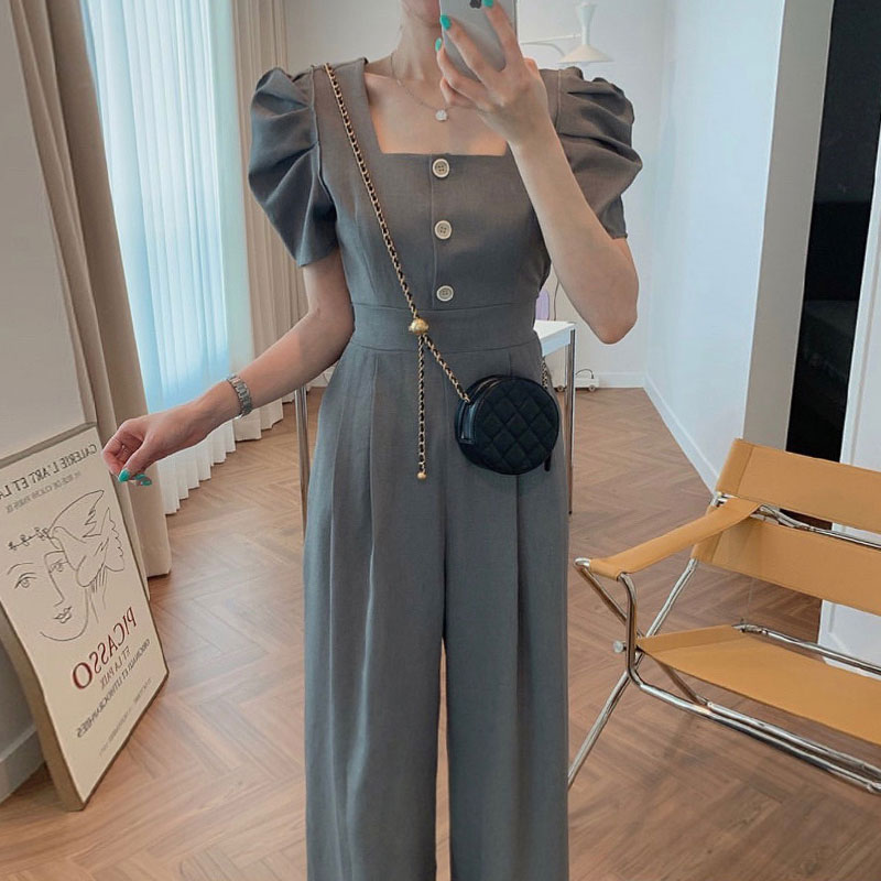 chic方领单排扣泡泡袖阔腿连体裤