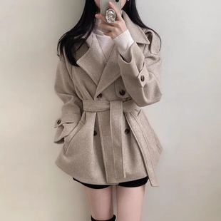 复古英伦风西装领绑带呢子外套女2025冬季新款双排扣百搭长袖上衣