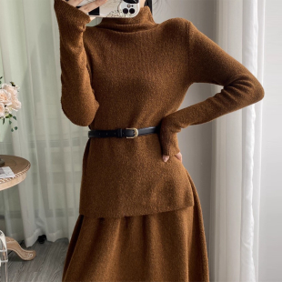 新款 时尚 显瘦针织毛衣女2025秋季 复古修身 高腰显瘦A字半身裙 套装