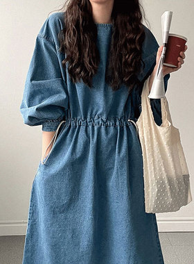 韩国chic春季复古慵懒风圆领抽绳系带收腰大摆型水洗牛仔连衣裙女