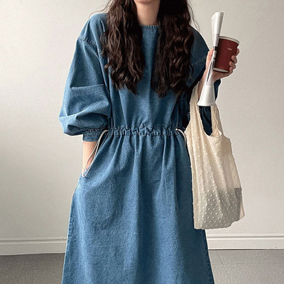 韩国chic圆领抽绳系带牛仔连衣裙