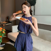 高腰阔腿直筒长裤 女复古气质竖条纹系带显瘦背心上衣夏季 套装 时尚