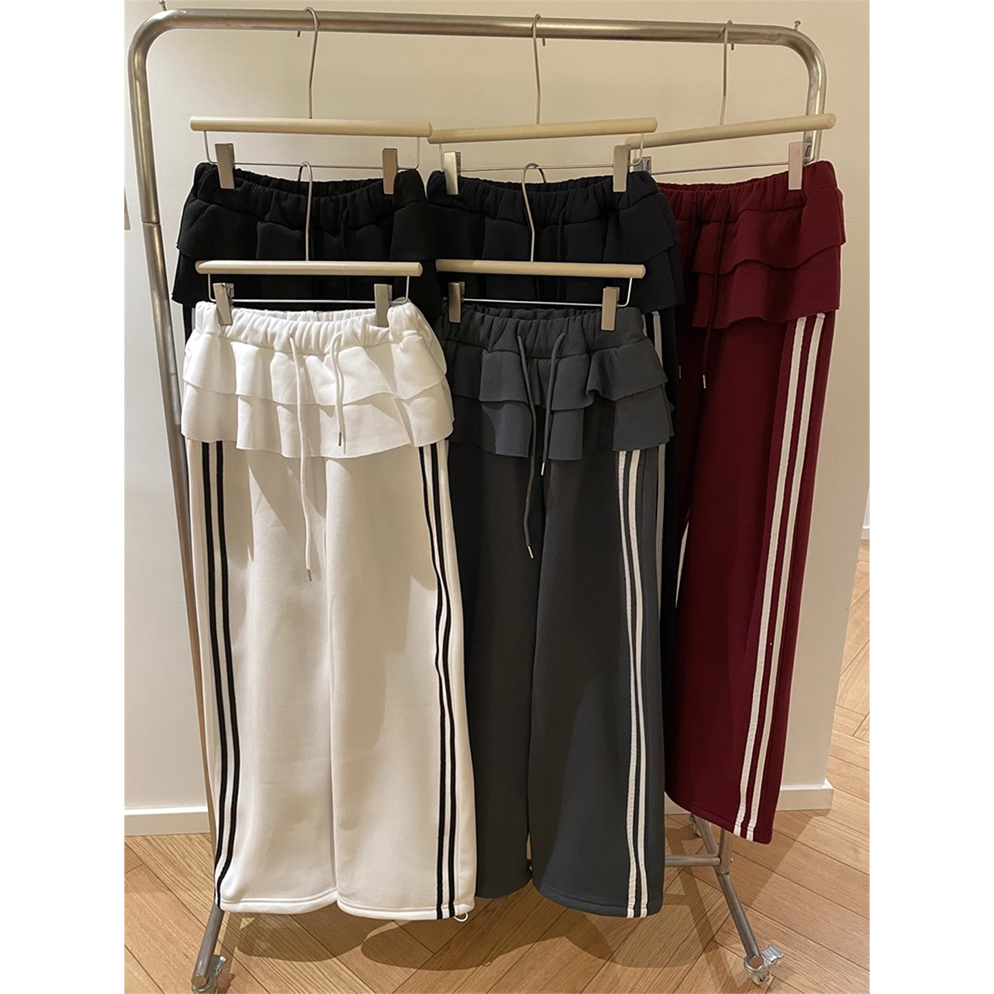 复古拼接裙摆条纹织带加绒休闲裤