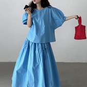 高腰褶皱A字半身裙套装 良良家复古小众宽松泡泡袖 新款 女夏季 衬衫