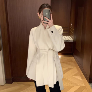 韩国chic秋冬高级气质V领绑带收腰显瘦百搭小个子长袖 毛呢外套女