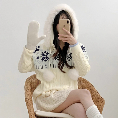 费尔岛提花立体球球大毛领毛衣