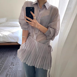 新款 女夏季 披帘褶皱裙摆两件套 衬衫 良良家韩系翻领单排扣微透薄款