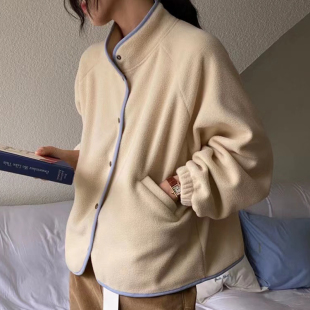 外套女 短款 韩国chic秋冬法式 小众立领撞色包边单排扣宽松百搭长袖