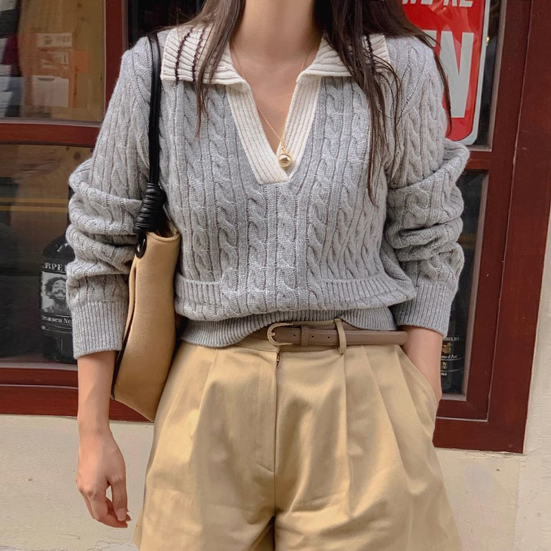 韩国chic秋冬小众气质POLO领麻花纹口袋设计百搭显瘦针织衫毛衣女