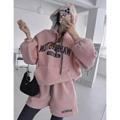 高腰休闲短裤 时尚 新款 字母印花抽绳连帽卫衣女2025秋季 两件套 套装
