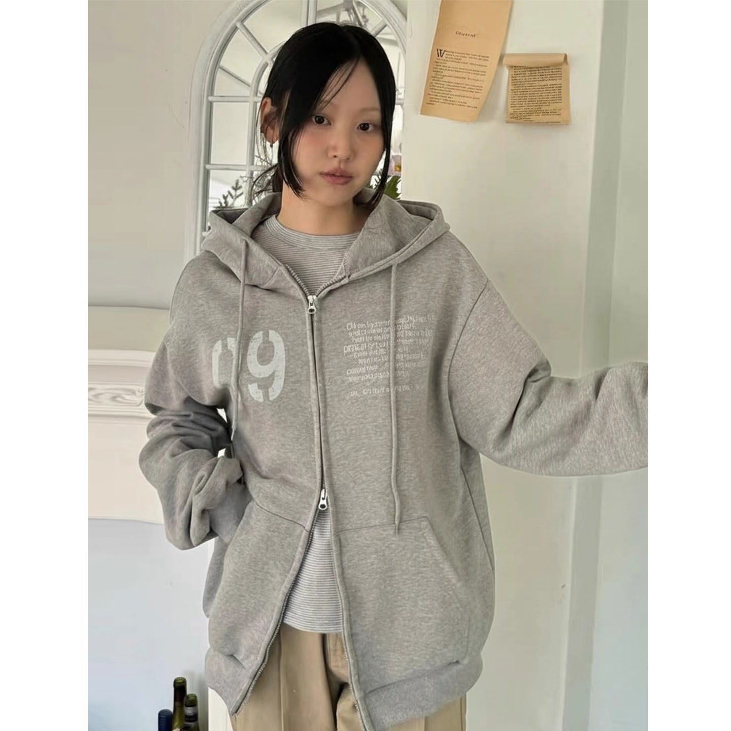 学院风双拉链字母印花卫衣外套