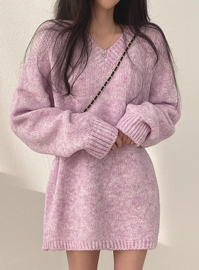 韩国chic秋冬甜美慵懒风V领软糯宽松小个子针织毛衣连衣裙短裙女