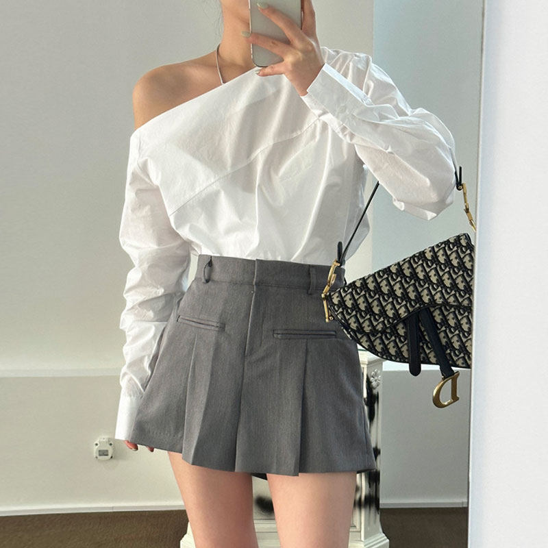 한국의 시크한 봄 다재다능한 경사진 어깨 불규칙 디자인 긴팔 셔츠 + 여성용 하이웨이스트 와이드 레그 캐주얼 팬츠 반바지