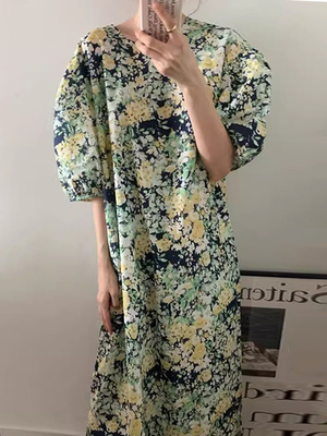 花色晕染宽松休闲短袖连衣裙