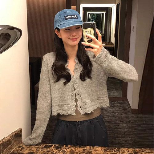 波浪花边镂空提花针织衫毛衣外套