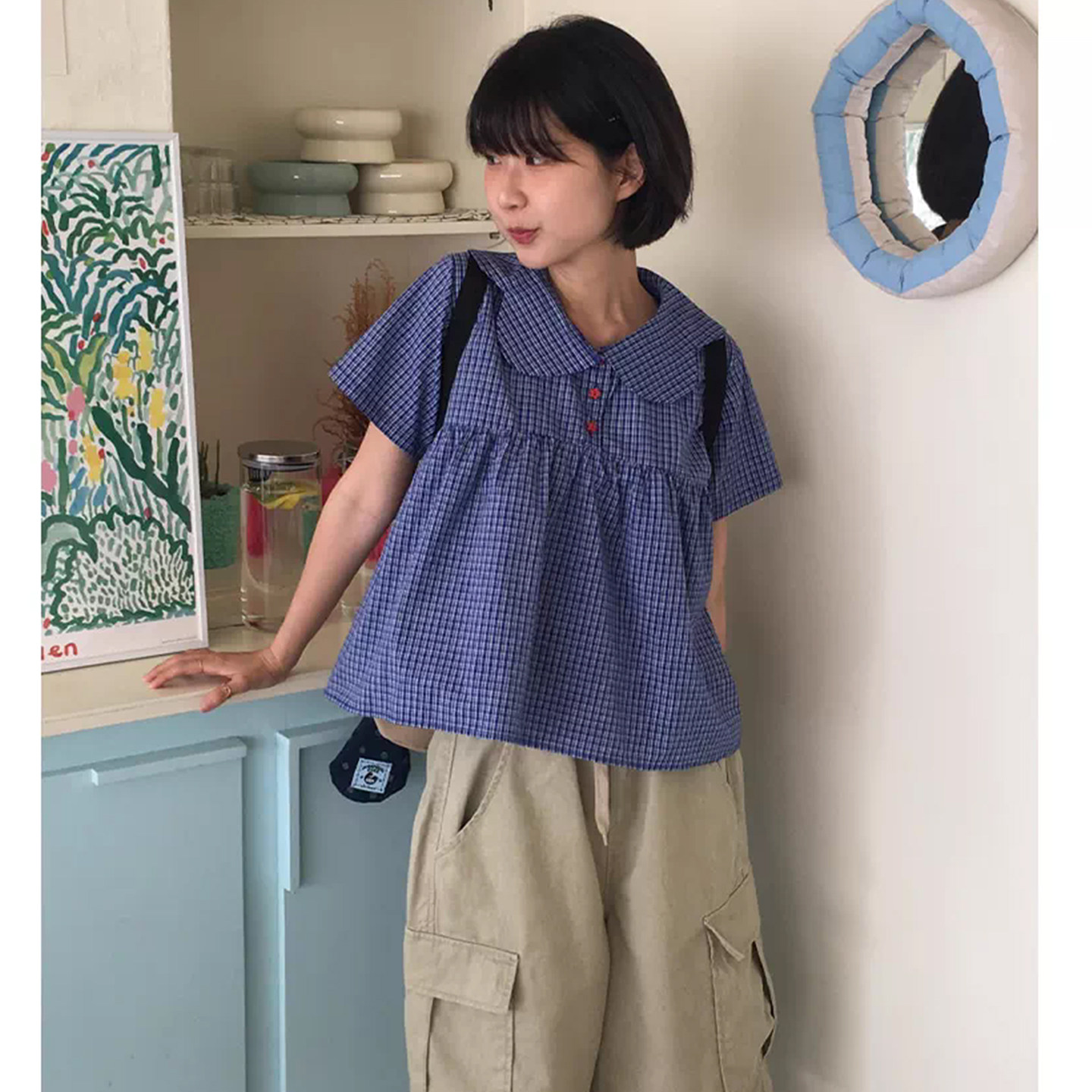 良良家夏季新款日系复古风格子别致星星纽扣娃娃领短袖衬衫上衣女